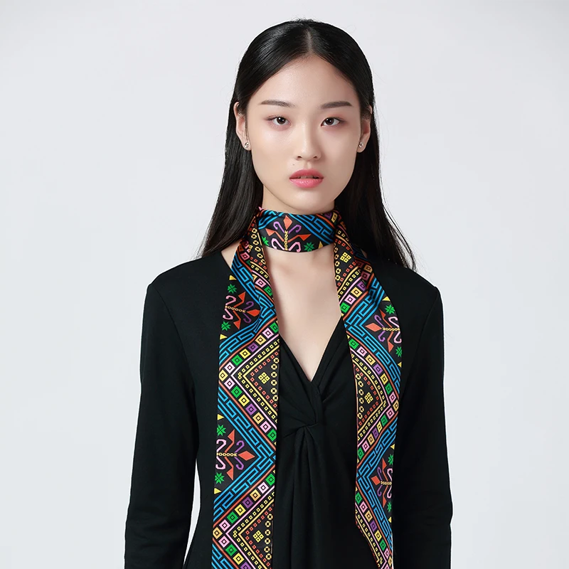 

MENOGGA Silk Skinny Scarf 2019 Luxury Designer Schals Ethnic Style Retro Colorful Multiple Use Long Neck Scarf Hair Scarf Women