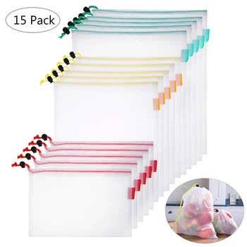 

15pcs Reusable Mesh Produce Bags Washable Eco Friendly Bag for Storage Fruit Vegetable Polyester Reusable Mesh Produce Bags