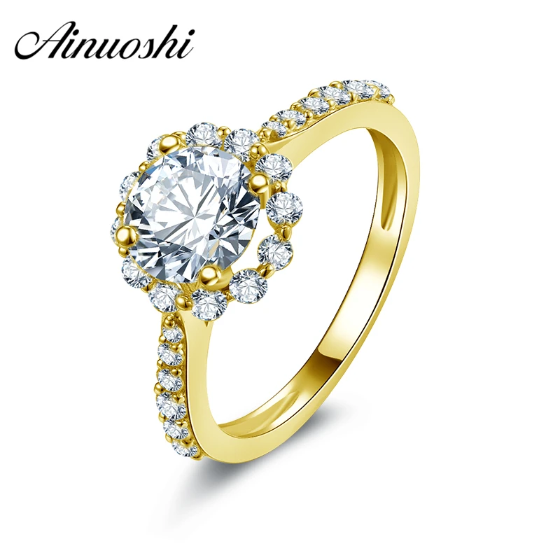 

AINUOSHI 10K Solid Yellow Gold Women Engagement Ring Flower Shape Joyeria Fina 1 ct Simulated Diamond Halo Wedding Band Rings