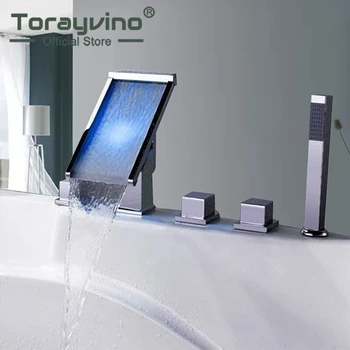 

Bathtub Bathroom 5 Pcs Waterfall LED Spout Shower Faucet Brass Chrome Polish 3 Handles Mixer Taps With LED Waterfall Outlet
