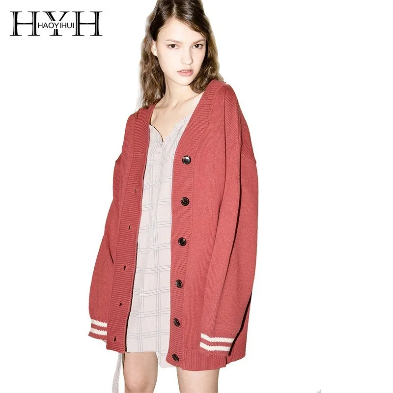 

HYH Haoyihui Simple Autumn Casual College Style Striped Cuff Letters Embroidered Single Breasted Oversized Knit V-Neck Cardigans