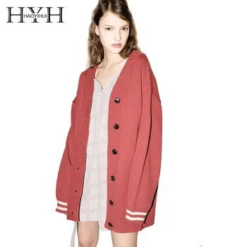 

HYH Haoyihui Simple Autumn Casual College Style Striped Cuff Letters Embroidered Single Breasted Oversized Knit V-Neck Cardigans