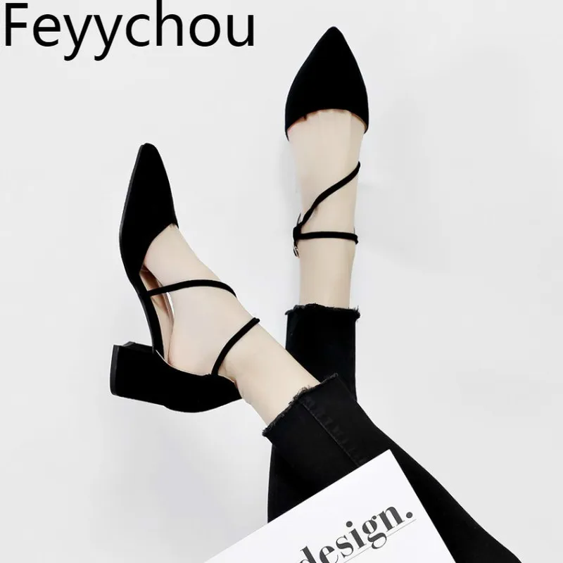 

Women's Pumps Med Heel Flock Pointed Toe Buckle Thick Heel 2019 New Sexy Fashion Spring Autumn Casual Black Beige Big Size 34-43