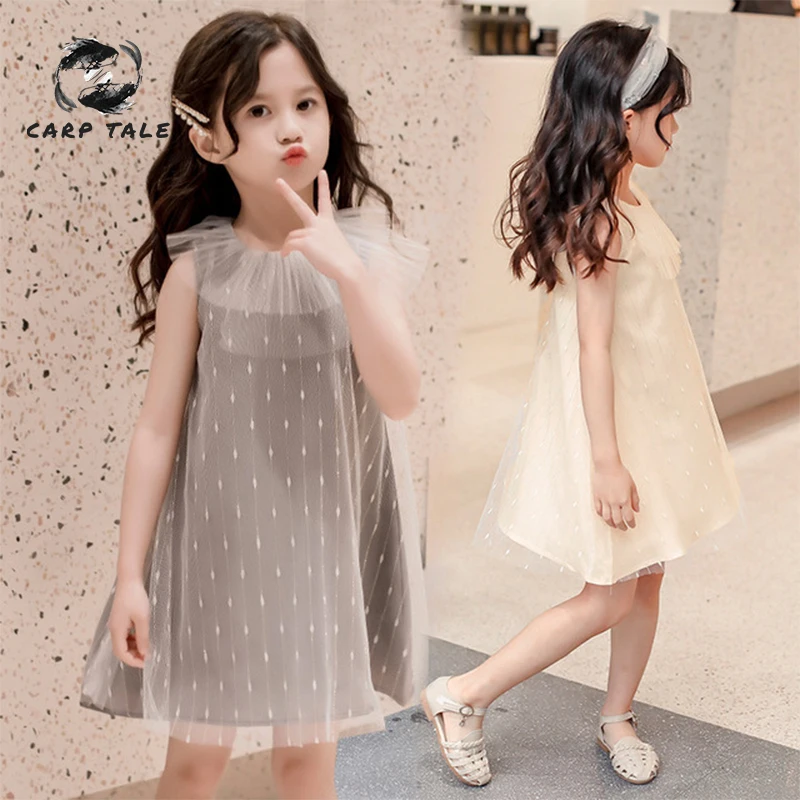

Girls dress children's clothing girls pleated collar sleeveless mesh polka dot princess dress sweet Little girl costume
