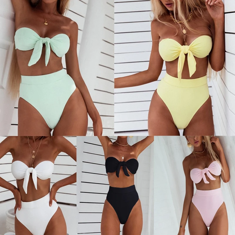 

Bikini Size Big 2019 Tie Knotted Bow Swimsuit With High Waist Bandeau Bikini Summer Beach Bathing Suits Plus Size Swimwear Women