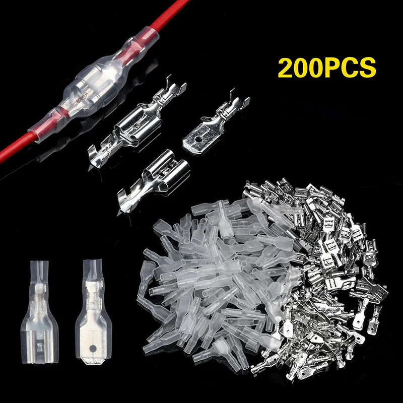 

200Pcs/lot 2.8/4.8/6.3mm Wire Connectors Assorted Kit Crimp Female/Male Spade Terminals With Transparent Insulating Sleeves