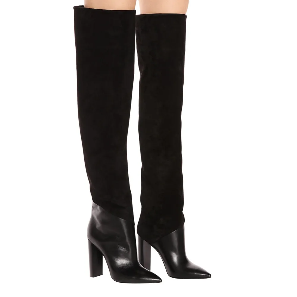 Aiyoway/женские ботфорты выше колена; Цвет Черный; зимние женские вечерние сапоги с острым носком на высоком квадратном каблуке; модельные высокие сапоги; коллекция года