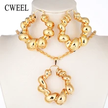 CWEEL нигерийские Ювелирные наборы женские африканские бусы ювелирные изделия Свадебные большие серьги-кольца медный золотой цвет ожерелье набор Рождественский подарок