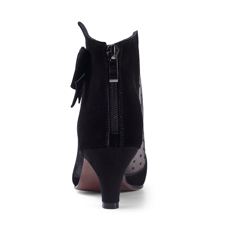 ENMAYER/ботильоны женские полусапожки повседневная обувь модная замшевая обувь черного цвета на молнии с острым носком на тонком каблуке с бантом резиновая обувь; CR1190