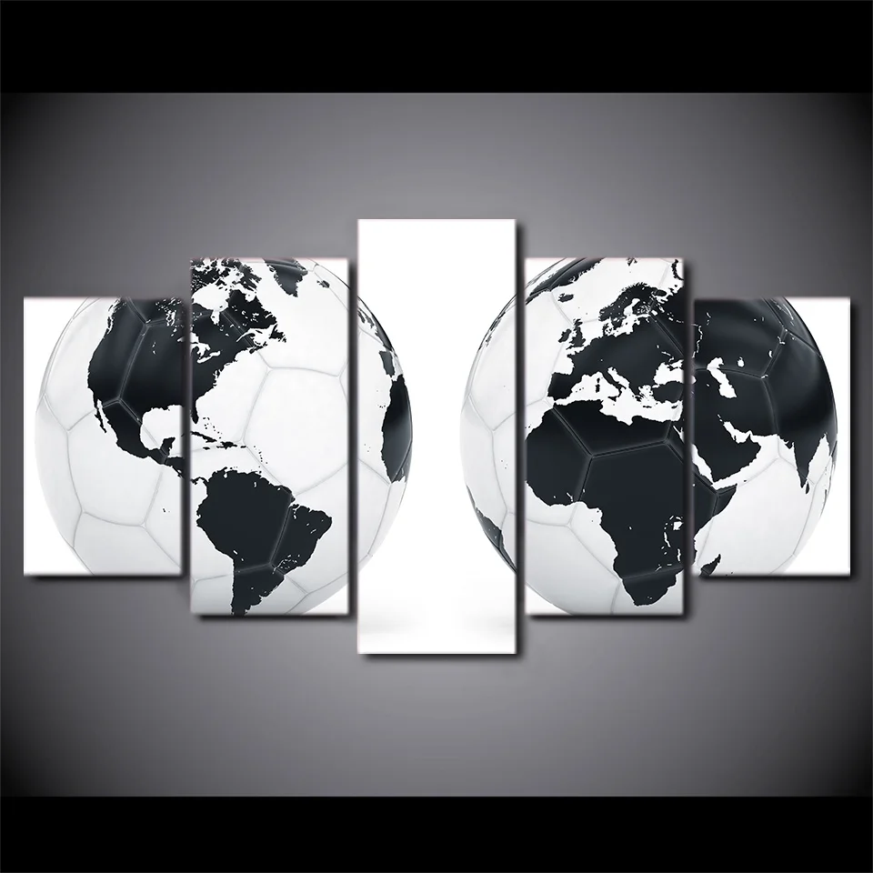 5 Panel HD Printed Black White Football World Map Wall Art Pictures Home Decor Canvas Painting Laminas De Cuadros Nordicos | Дом и сад