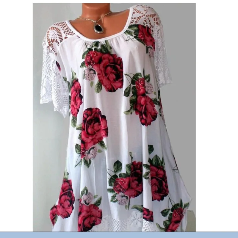 

2019 Summer Large Size Women's Dresses Fashion Print Short Sleeve Lace Dresses