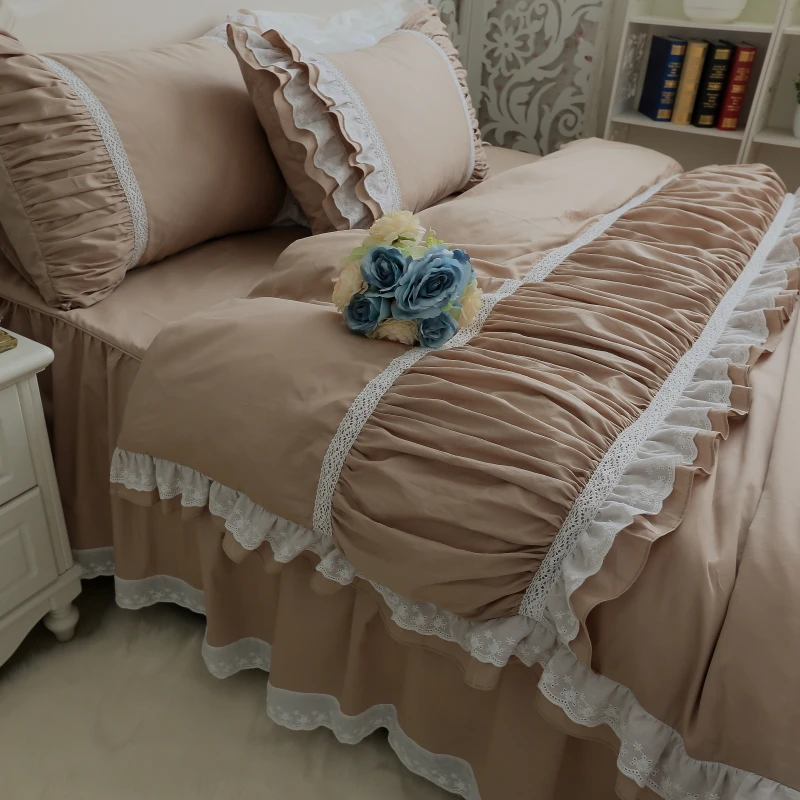 

Free shipping 100%cotton twill Korean princess ruffles khaki bedding white lace bed skirt set twin full queen king size