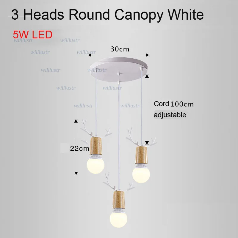 Деревянный светодиодный подвесной светильник с железными рогами для кафе, бара, ресторана, отдыха, пекарни, кухни, столовой, головы оленя, подвесной светильник в стиле арт-деко - Цвет корпуса: 3 Heads Round White