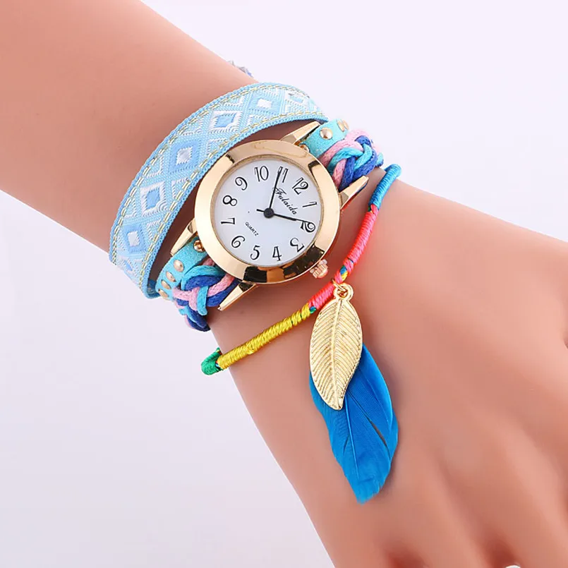 

Fashion Fulaida Ethnic DIY Feather Pattern Women Dress Watches National Weave Montre Femme Gold Leaf Quartz Wristwatch
