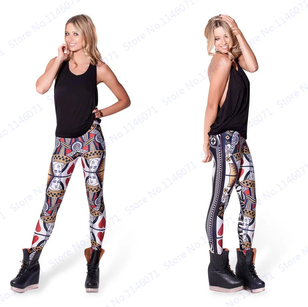 Red Poker Queen Pencil Pants Stretch Skinny Leggings High Waist Yoga Pants Queen Of Hearts Print