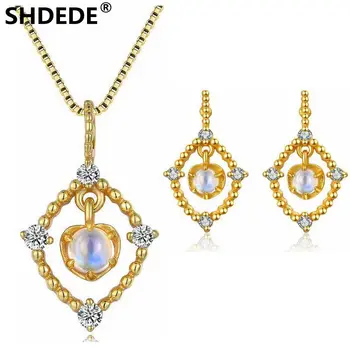 

SHDEDE 925 pure silver coloured treasure jewelry sets natural Blue Moonstone Pendant Necklace Earrings 14K Gold Nepal style