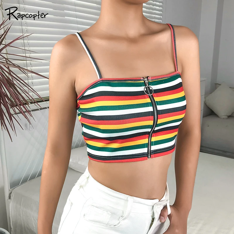 

Rapcopter Casual Rainbow Stripes Women Backless Crop Top Spaghetti Strap Harajuku Skinny Camis Zipper Rib Summer Fashion Tops