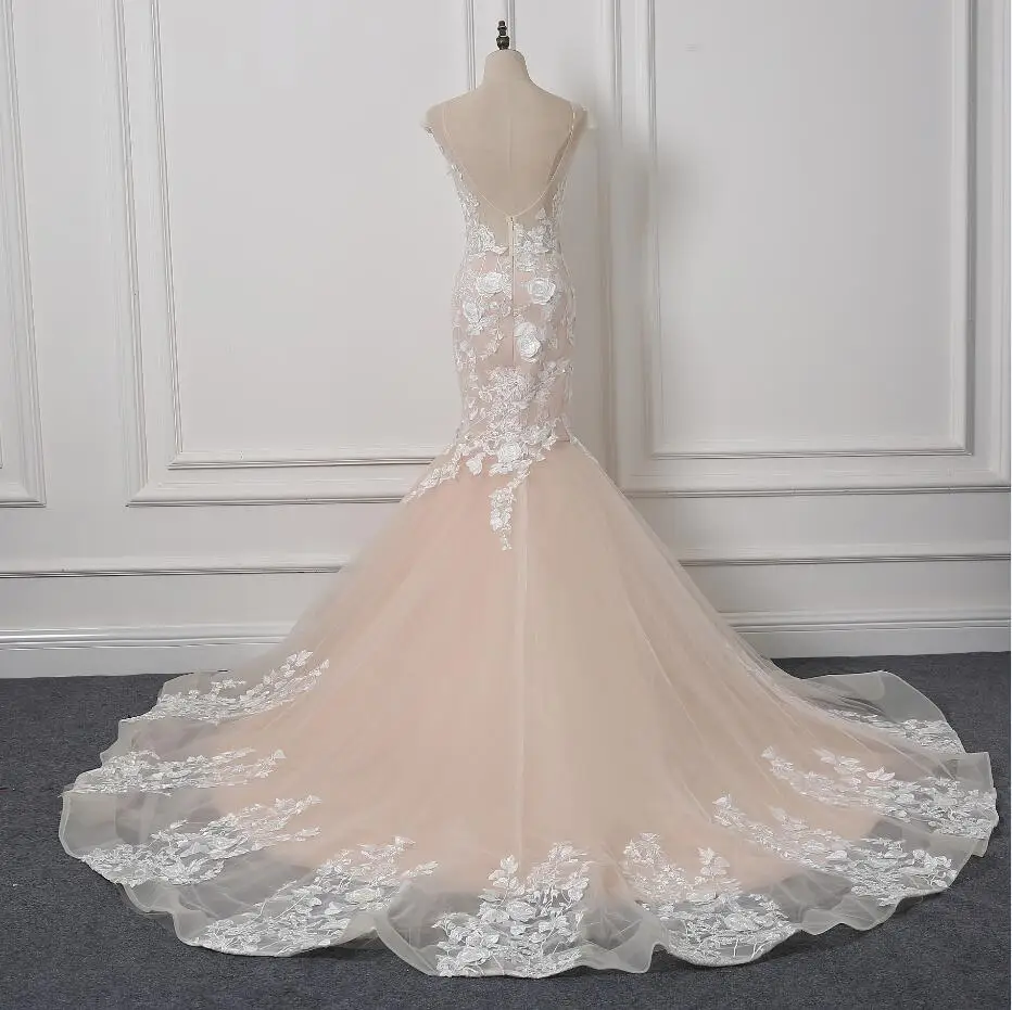 Весенние Свадебные платья русалки, розовые кружевные свадебные платья, сексуальные платья с открытой спиной, богемные платья с вуалью Z971