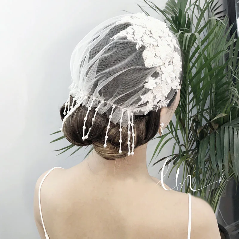Винтажная аппликация вуали с искусственным жемчугом и кисточками, свадебная шляпа для волос, прозрачная фатиновая вуаль цвета слоновой кости, вуаль ручной работы, костюм, головной убор