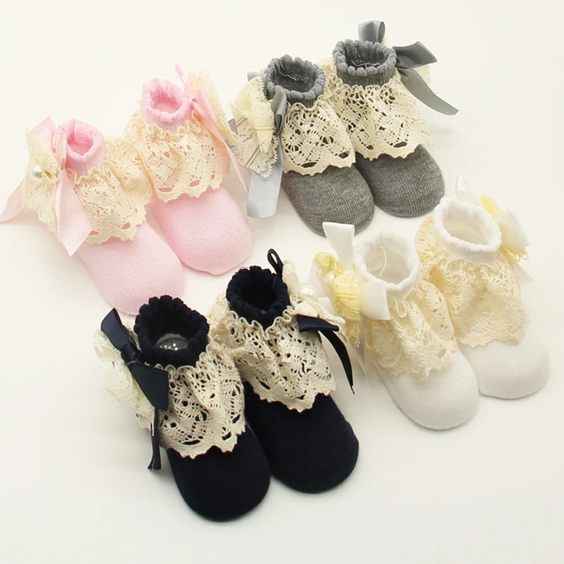 Lovely Lace Baby Socks For Girls Cotton Princess Bow Knots Lace Floral