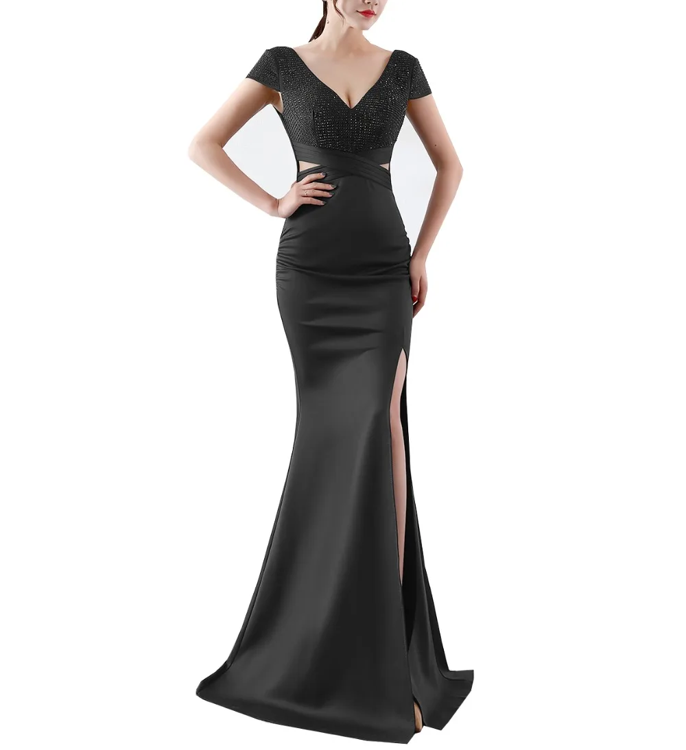 Solovedress Prom Dress Mermaid Бисер с разрезом на ноге прорезью официальное свадебное платье Кепки рукава с глубоким v-образным вырезом платье с