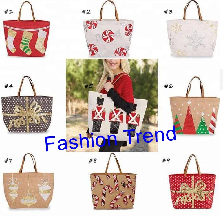 

20pcs/lot hot selling monogram Christmas tote bag sequins embroidery santa fashion women handbags wholesale personalize tote bag