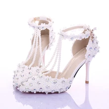 White Lace T-strap Wedding Shoes Genuine Leather Rhinestone Pointed Toe Women Birthday Party Prom Dress Shoes Bridesmaid Shoes