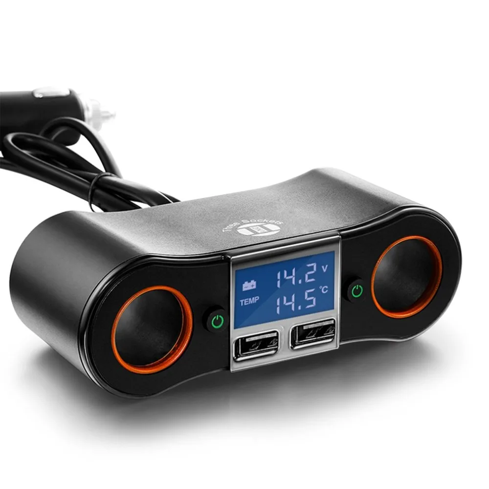 

12V DC Car Cigarette Lighter Adapter 2 Way Double Plug Socket Dual USB LCD Car Charger Splitter Voltage Monitor