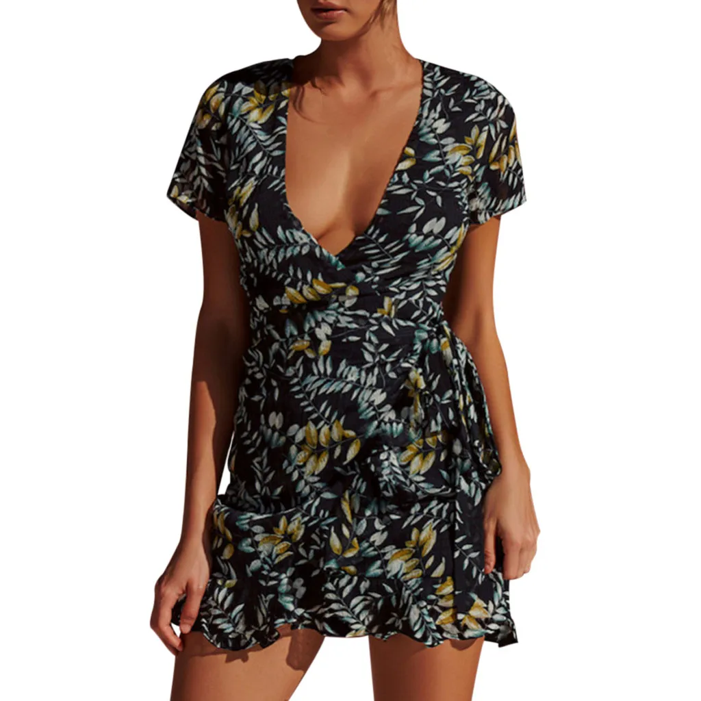 

Women's Deep V-neck Dress Short Sleeve Fashion Print Mini Boho Dresses Beach Holiday New Summer Dress 2019#D10