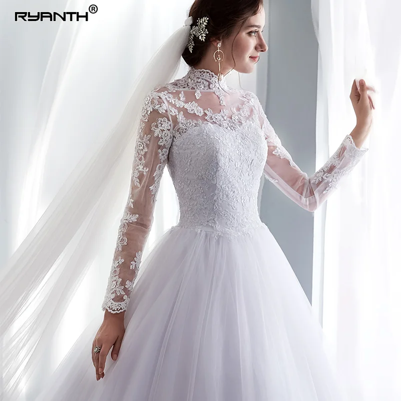 Ryanth Vestido De Noiva свадебное платье с высоким воротником и длинным рукавом кружевное бальное платье винтажное свадебное платье невесты Robe De Mariage