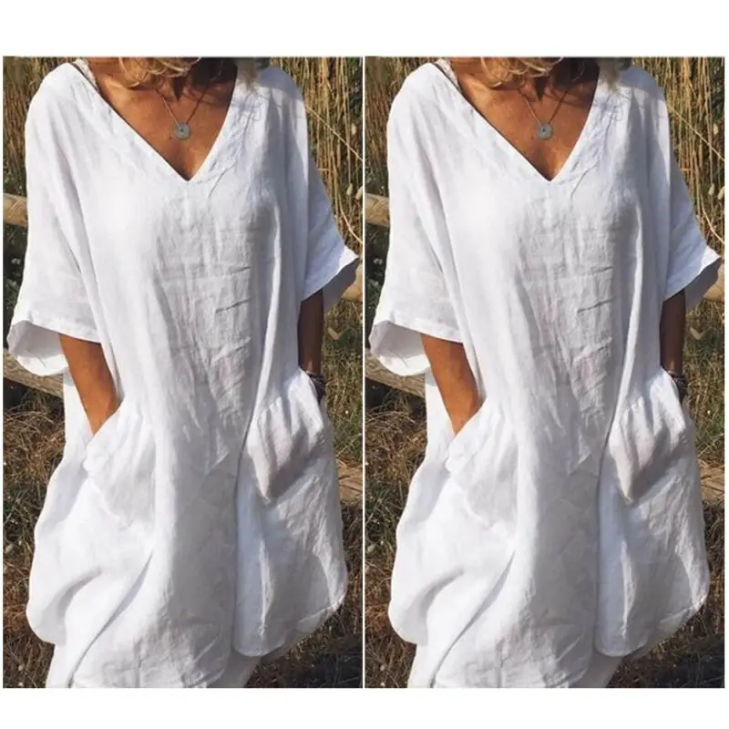 

Womens Dress Ladies Beach Summer Pockets Boho Fashion Party Plus Size Knee Length Retro V Neck Half Sleeve Baggy
