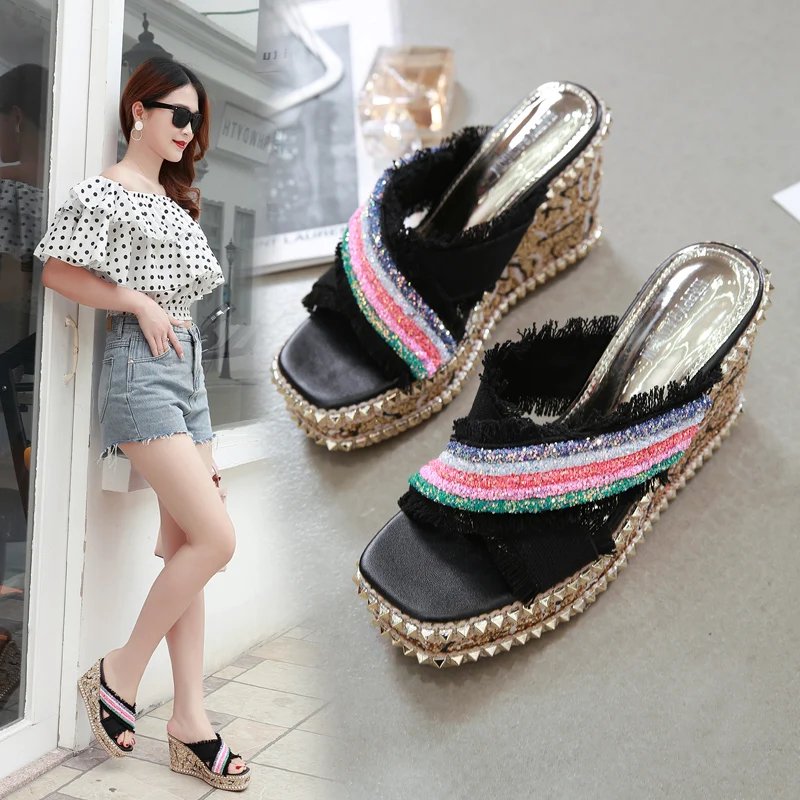

New summer comfortable wedges high-heeled sandals denim women slippers shoes