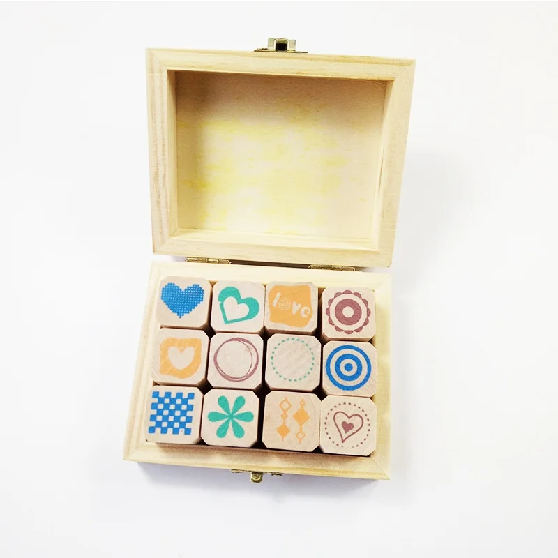 12 Pcs/set Cute Wooden Box Diary Stamp Set Wood Stamps For Kids Decor Diary DIY Scrapbooking Rubber Stamp Letters