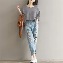 Новые летние Для женщин бойфренд, с высокой талией джинсы размера плюс, женские рваные джинсовые брюки свободные Рваные джинсы