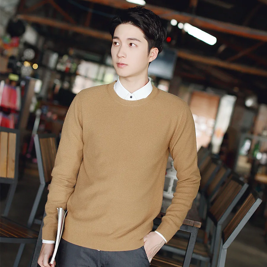 

100% Cotton Knit Men's 2018 Autumn Winter New Coloured O Neck Long sleeve Sweater Cotton Solid color 215