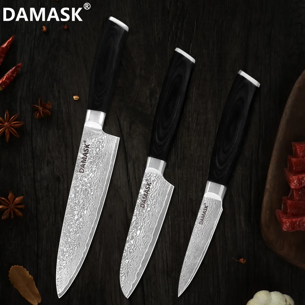

Damask 3 PCS Set Japan Damascus Kitchen Knife Chef Santoku Paring Knives Set VG10 Core 67 Layer Damascus Cooking Knife Set New