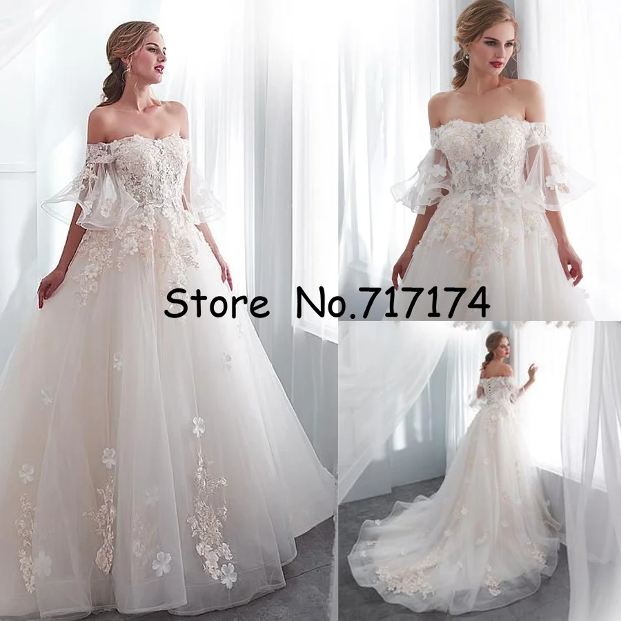 

Off the Shoulder Strapless 3D-Flowers Court Train A-line Wedding Dress with Applique Lace-up Back Bridal Dress Vestido de novia