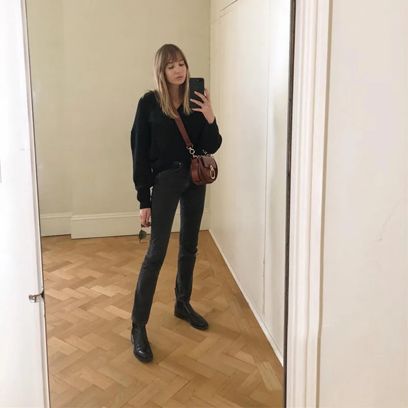 

2019 Comfortable Fabric A Elastic Fit Jeans Gray Fake Zippers Pockets Zipper Fly Full Length Jeans Woman