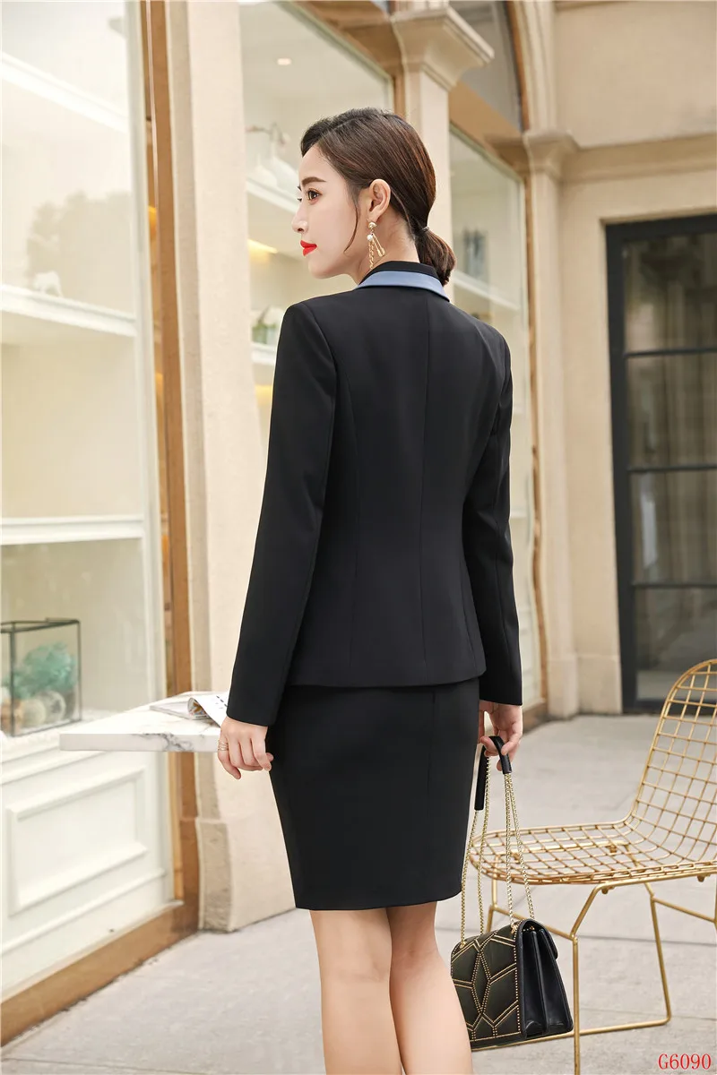 Модный женский темно-синий Блейзер, женские деловые костюмы с юбкой и курткой, офисный униформенный стиль