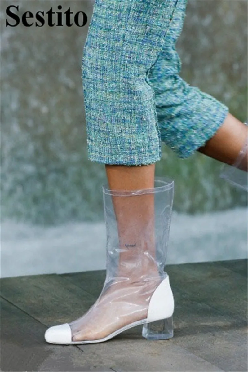 

Fashion Black White PVC Woman Boots Mid-Calf Boots For Women Round Toe Hoof Heels Slip-on Short Boots Women Shoes Spring/Autumn