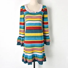 2018 New Contrast Color Striped Gold Lace Ruffled Knit Skirt Knit Ruffled Sleeve Dress Round Neck Fashion High Waist Slim 2018 New Contrast Color Striped Gold Lace Ruffled Knit Skirt Knit Ruffled Sleeve Dress Round Neck Fashion High Waist Slim