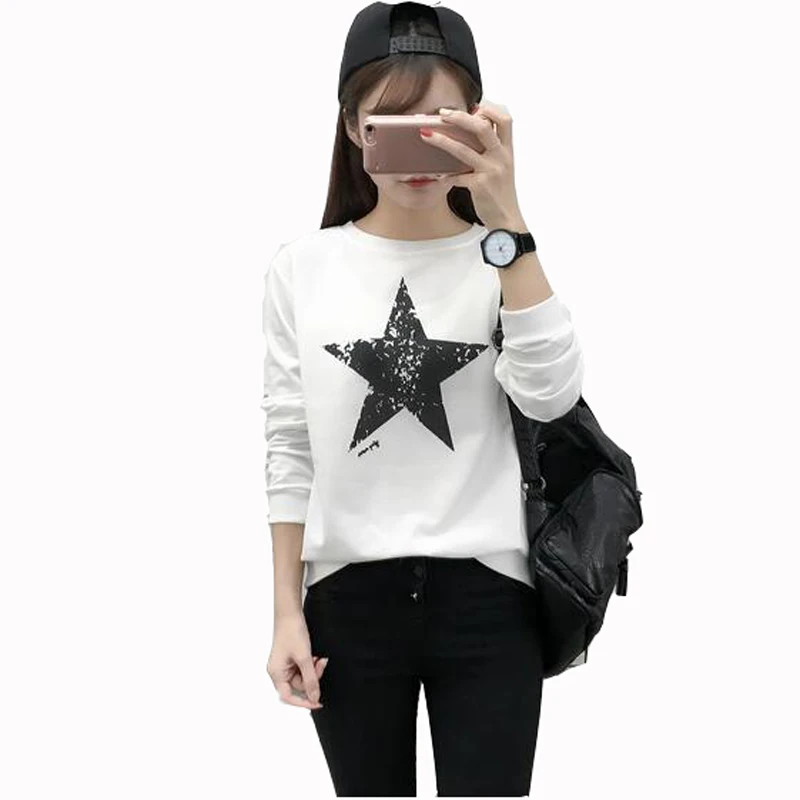 

Thin Style Women Hoodies Fashion Star Print Long Sleeve O Neck Woman Tracksuit Casual Loose Women Sweatshirt Pullover Outwear