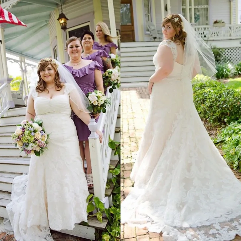 2017 vestido de noiva plus size capped sleeves empire waist a line chapel train vintage lace wedding dress | Свадьбы и торжества