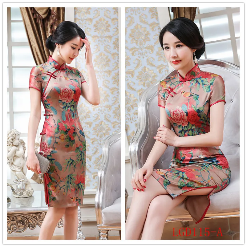 Новое поступление китайское платье Для женщин цветок короткий рукав Cheongsam шелк сатиновое платье-Ципао сексуальные мини-очаровательный китайское традиционное платье 3XL