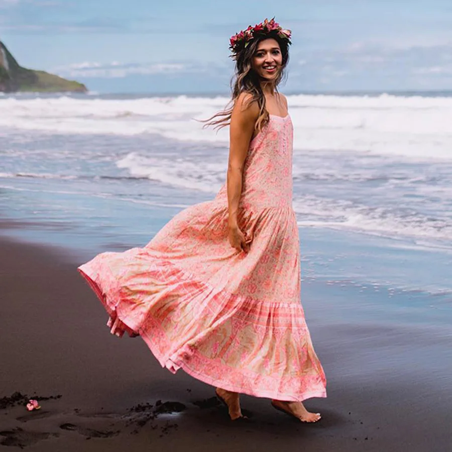 Bohemian Strapless Maxi Boho Dress 2019 Chic Pink Rayon Floral Summer