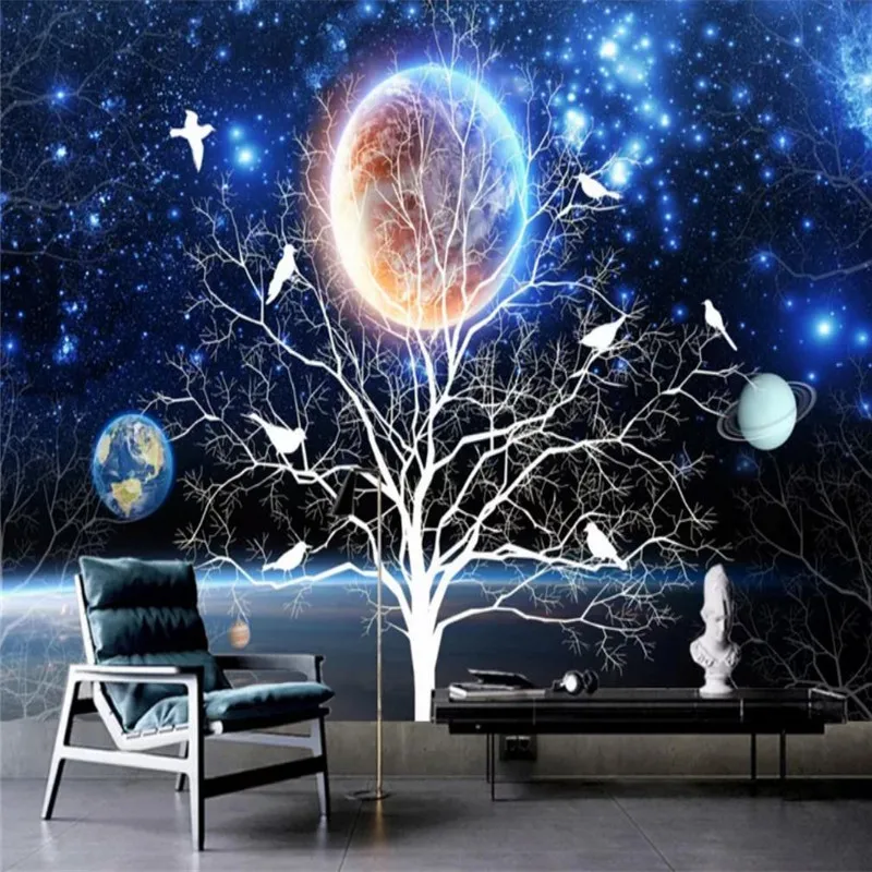 

Custom wallpaper new Chinese style abstract fantasy beautiful starry flowers and birds TV background wall large murals