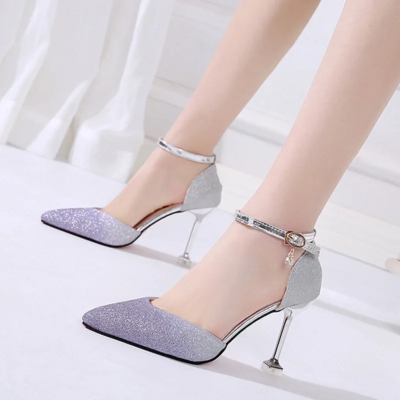 

Small fresh high heels female 2019 summer new pointed sequin girl stiletto French shoes hollow shoes women