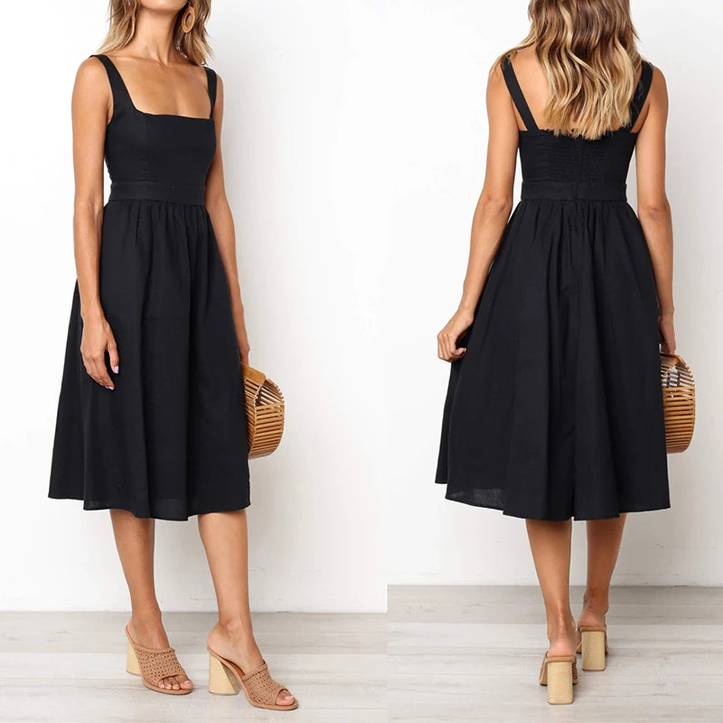 Women Simple Solid Color Dress Women Strapless Spaghetti Strap Fashion Vestidos Dresses Elegant Ladies Party Causal Summer Dress