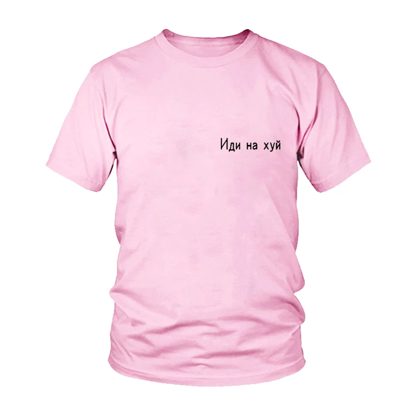 Новые футболки для женщин с карманом, хлопок, короткий рукав, o-образный вырез, модная русская надпись, напечатанная женская футболка, черные, белые женские топы - Цвет: Pink