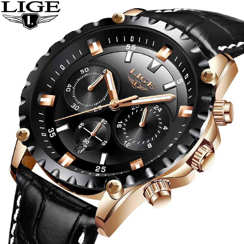

Men's Watch LIGE Top Brand Luxury Men's Military Sports Watch Men's Waterproof Leather Quartz Watch Gold Black Leisure Clock+Box